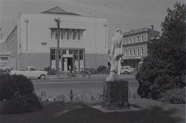 Negative - Town Hall Gardens - statue Bendigo - Children’s Library - Civic Buildings, Allan Doney, 1950 -1970