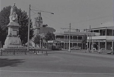 Negative - McCrae Street Bendigo - Gold Monument - Court House Hotel - School of Mines, Allan Doney, 1950 -1970