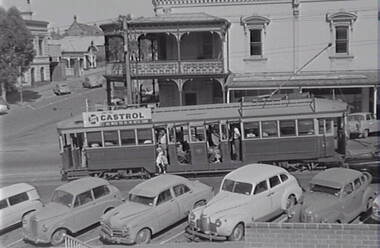 Negative - View Street Bendigo - Atkinson Building - Tram, Allan Doney, 1950 -1970