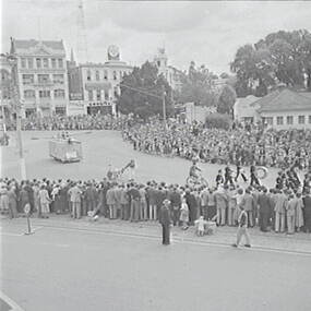 Negative - Bendigo Easter Fair 1953 - Brass Band and Float, Allan Doney, 1950 -1970