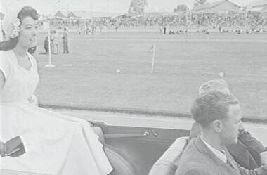 Negative - Bendigo Easter Fair 1953 - Car and Girl - Sports Ground, Allan Doney, 1950 -1970