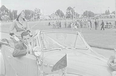 Negative - Bendigo Easter Fair 1953 - Car and People - Sports Ground, Allan Doney, 1950 -1970