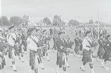 Negative - Bendigo Easter Fair 1953 - Golden City Highlanders Brass Band, Allan Doney, 1950 -1970