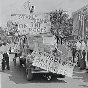 Negative - Bendigo Easter Fair 1959 - Float - Stoodunts Anti Committee, Allan Doney, 1950 -1970