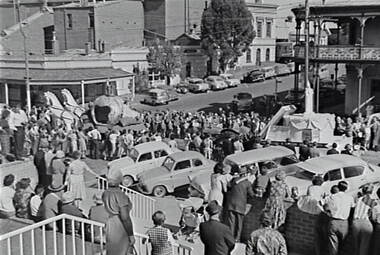 Negative - Bendigo Easter Fair 1962 - Float - Pumpkin Coach and Birthday Cake, Allan Doney, 1950 -1970