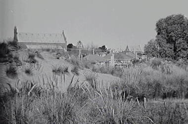 Negative - California Gully - Mullock Heap and Church, Allan Doney, 1950 -1970