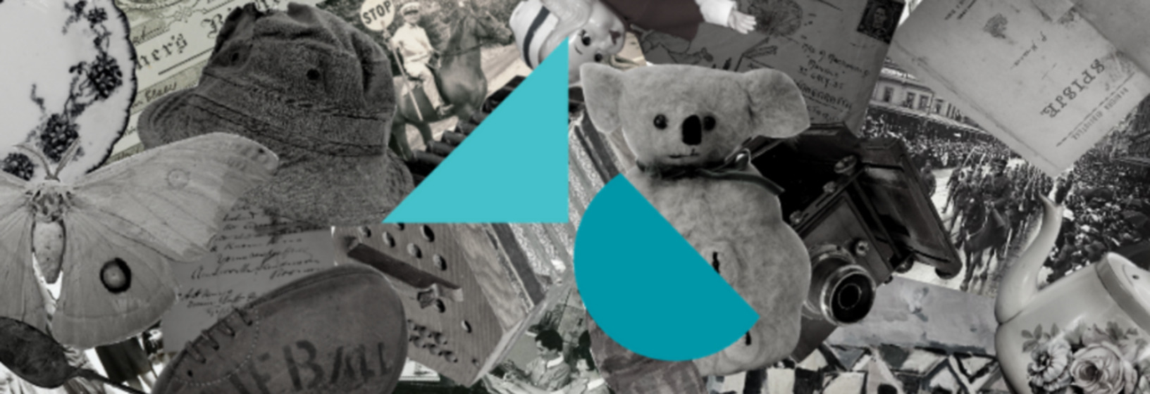 collage of objects with blue logo in centre