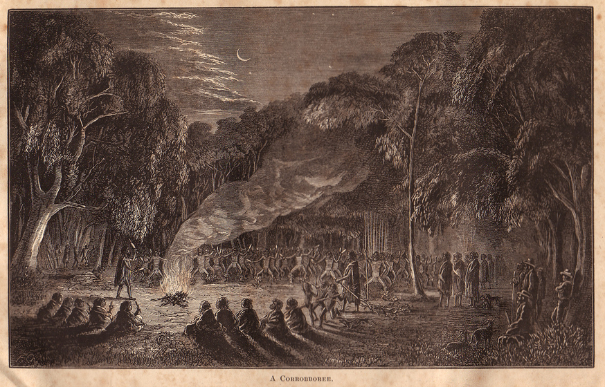 monochrome print of crowd around fire under trees