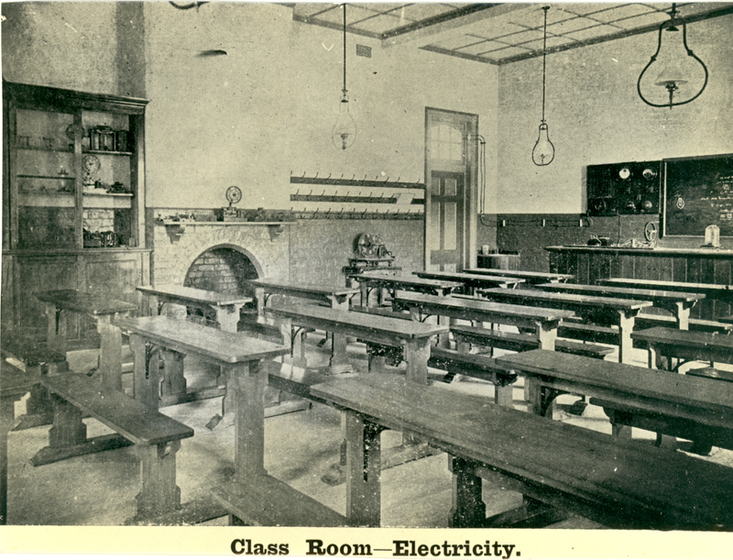 classroom with desks and benches