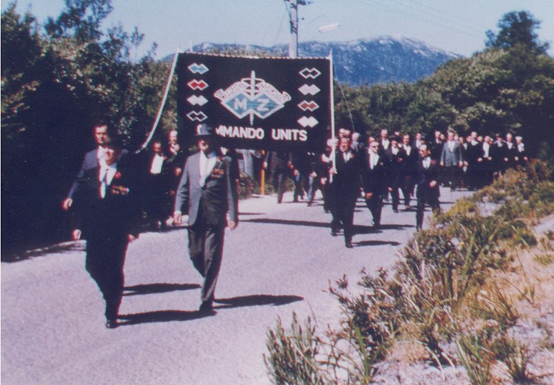 parade of men carrying banner down street