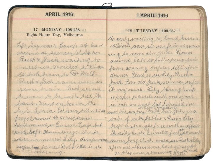 Birdseye view of Henry Langtip's diary, showing Monday 17th and Tuesday 18th April 1916