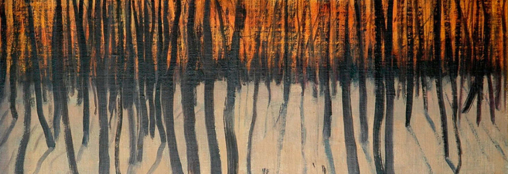 a painting of burnt trees with orange fire at the horizon