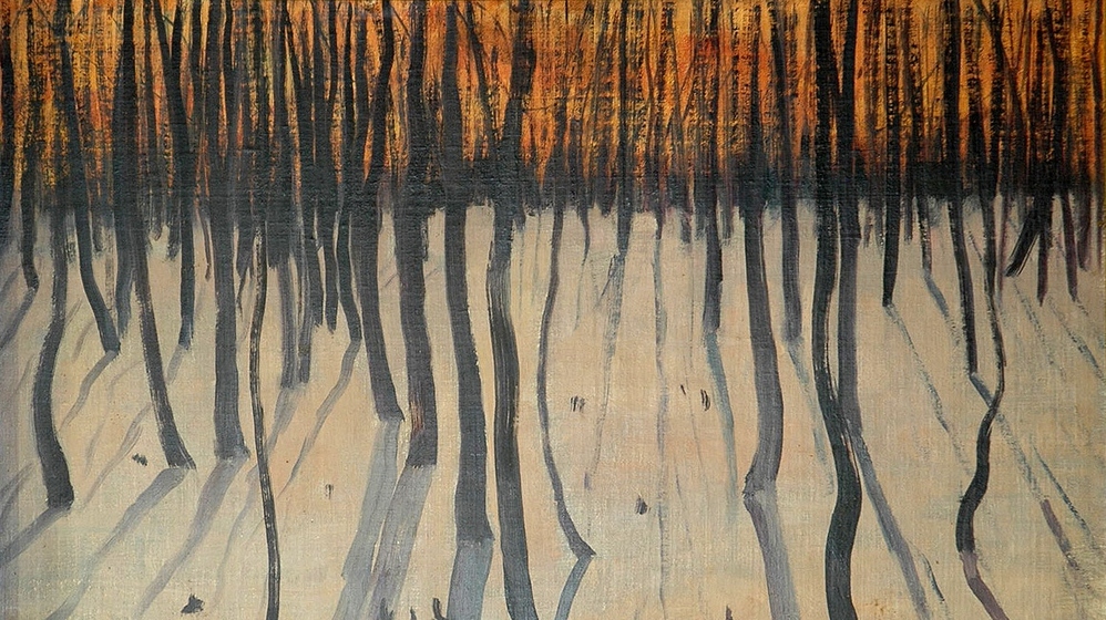 a painting of burnt trees with orange fire at the horizon