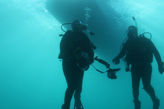 two divers swim underwater