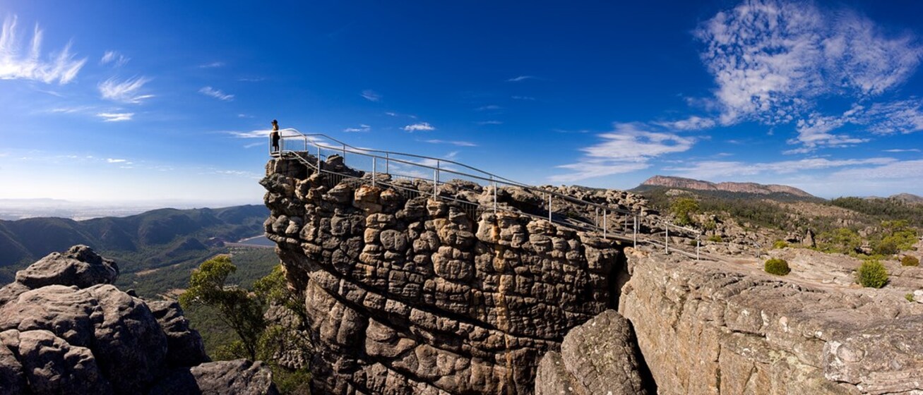 Man standing on the ledge of a cliff's lookout point