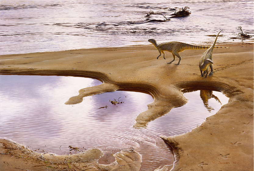 Digital artwork of dinosaurs near water