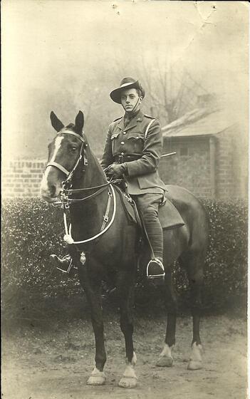 a young man in uniform on horse in front of hedge