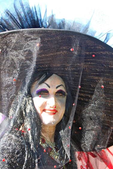 person wearing a mask and big hat with veil