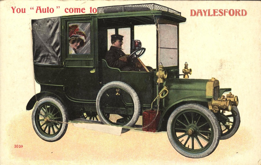 You Auto Come to Daylesford', postcard with early vehicle pictured