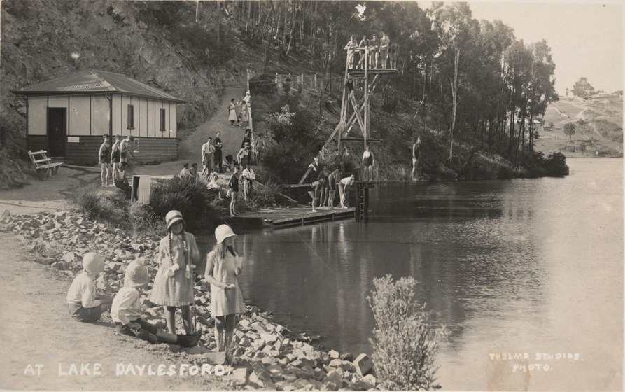A scene from the picturesque Lake Daylesford, diving tower and platform in the background. 