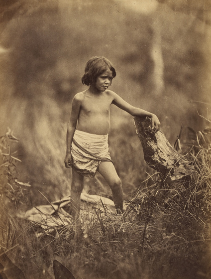 An early photograph, sepia with age, of a young boy dressed in a cloth leaning on a  tree stump.