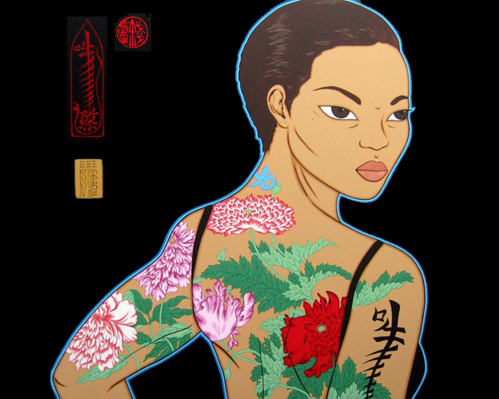 a woman with peony flowers tattooed across her back appears against a black background, while traditional Chinese seals appear top left.