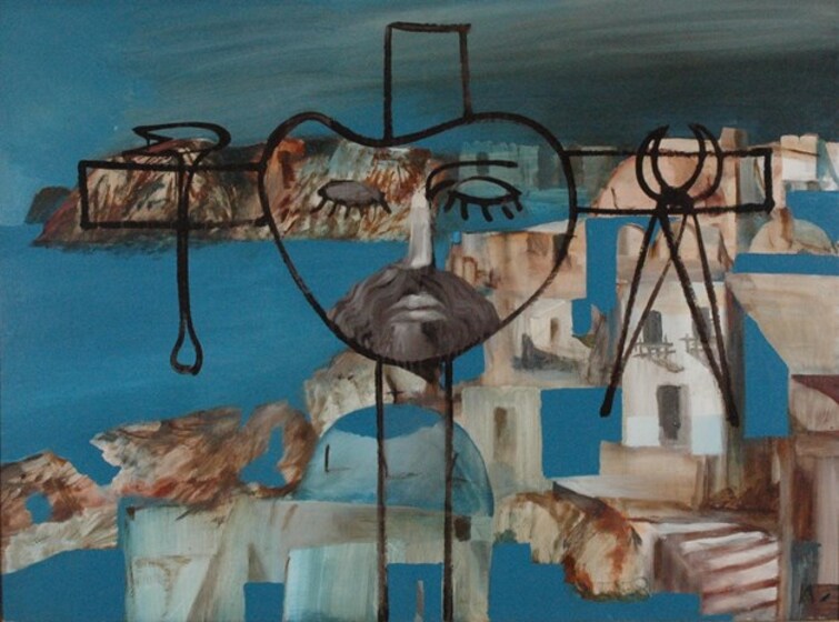 whitewash villages of the Greek Islands form a backdrop to a stylised depiction of the Crucifixion.