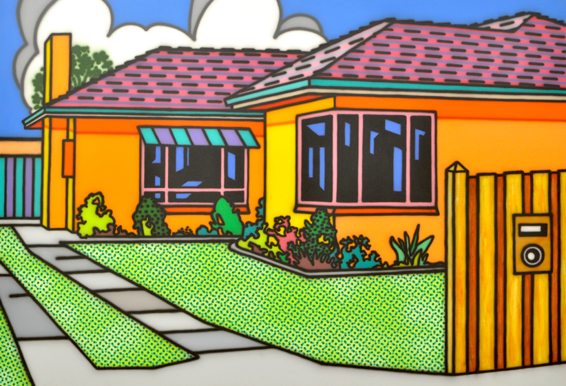 a 1950s suburban Australian brick home is depicted in a Pop Art style.
