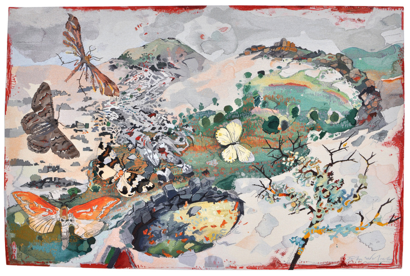 a tapestry of the landscape with indigenous butterflies and moths in the foreground
