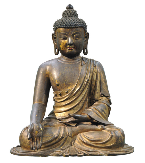 a bronze, gilded Buddha sculpture.
