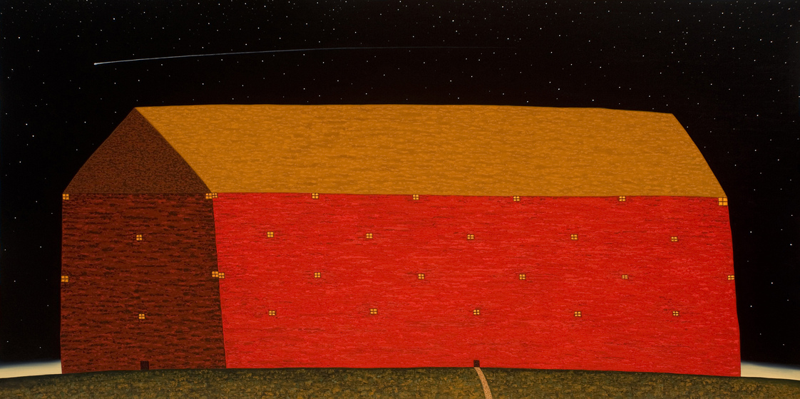 a naive representation of house in bold shades of red stands tall beneath a starry night sky