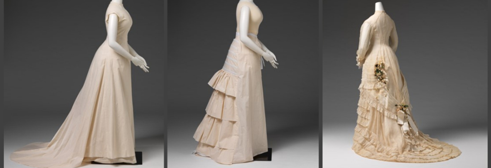 a wedding dress in three stages of completion