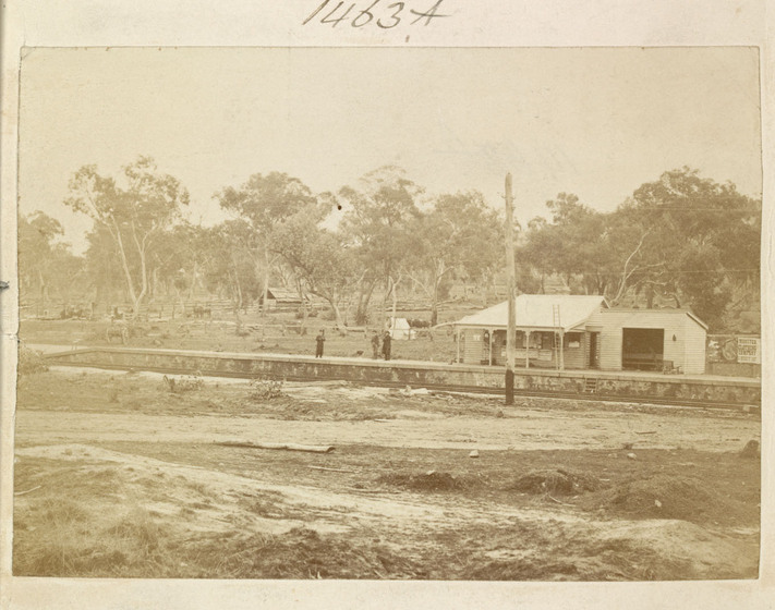 The view from Glenrowan Railway Station, looking back to the remains of Ann Jones’ Hotel, the Glenrowan Inn, period image, sepia