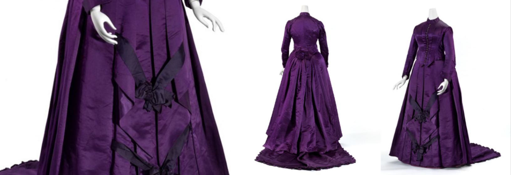 three views of a dark purple wedding dress on a mannequin