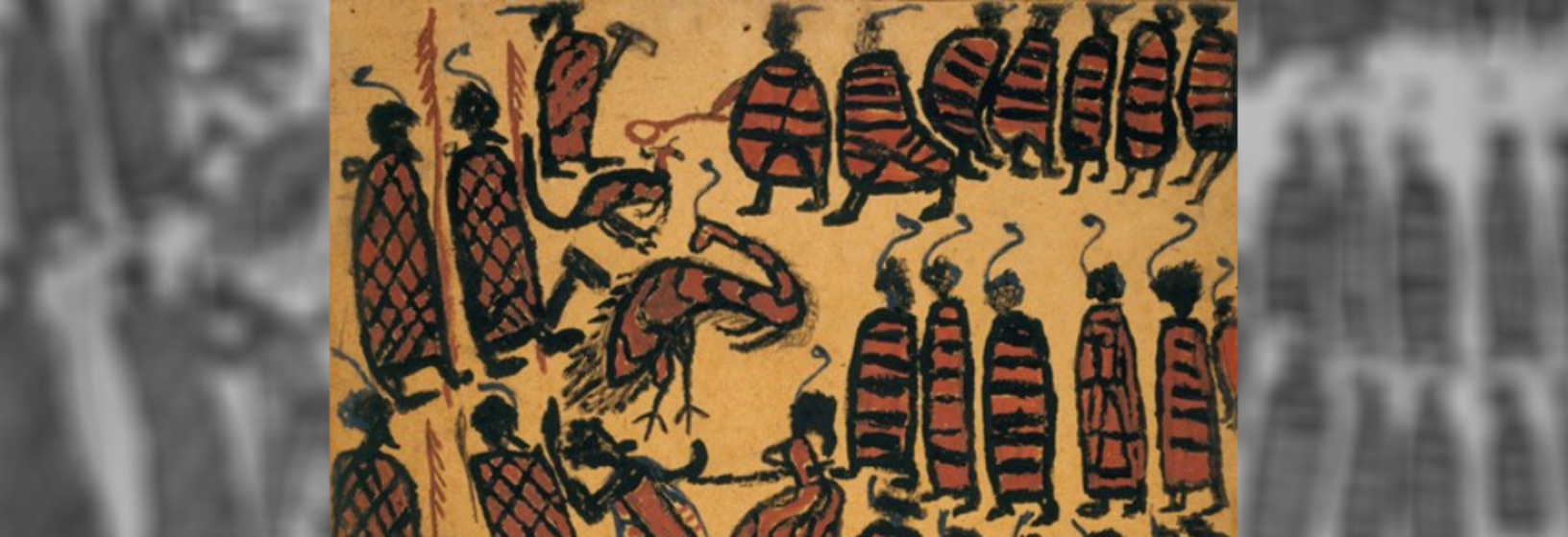 many figures standing in rows wearing traditional costume and capturing a wallaby and an emu