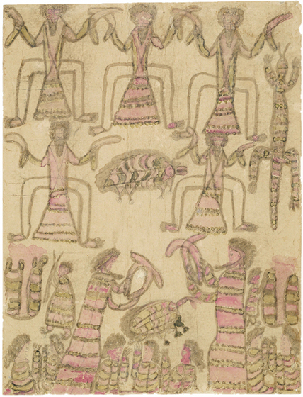 group of assorted figures, holding boomerangs and sticks, surrounded by many children and animals