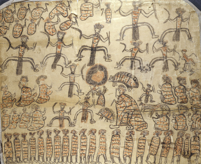 a gathering of many people wearing traditional costume, some dancing and some seated with three animals 