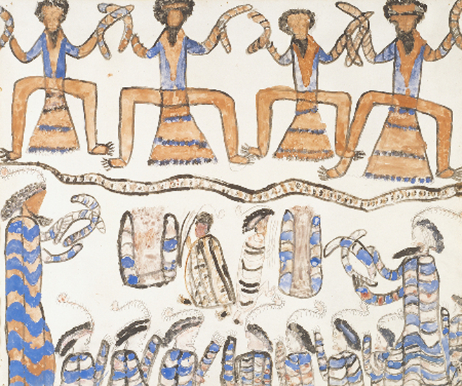 many figures dancing and standing with boomerangs in hand as they worship a snake