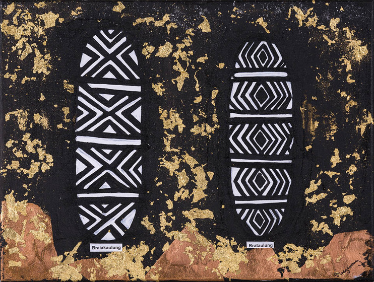 two shields with bold black and white geometric designs, one labelled 'Brataulung' and the other labelled 'Bralakaulung' appear on a gold and black background 