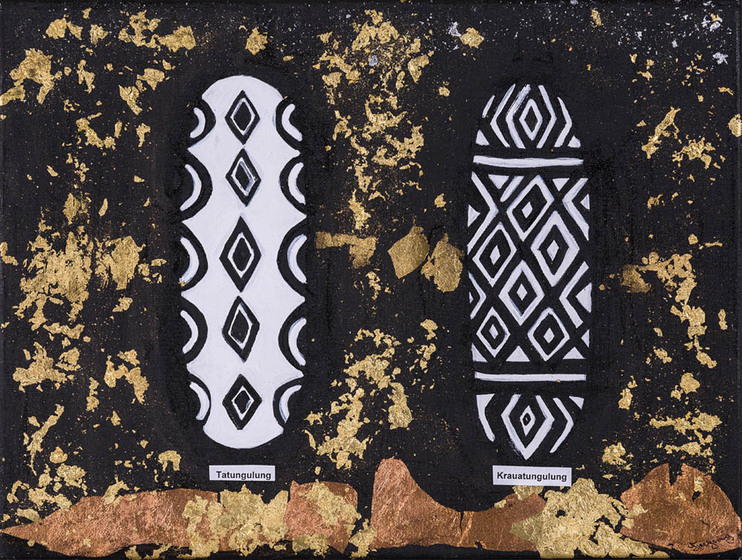 two shields with bold black and white geometric designs, one labelled 'Tatungulung' and the other labelled 'Krauatungulung' appear on a gold and black background 