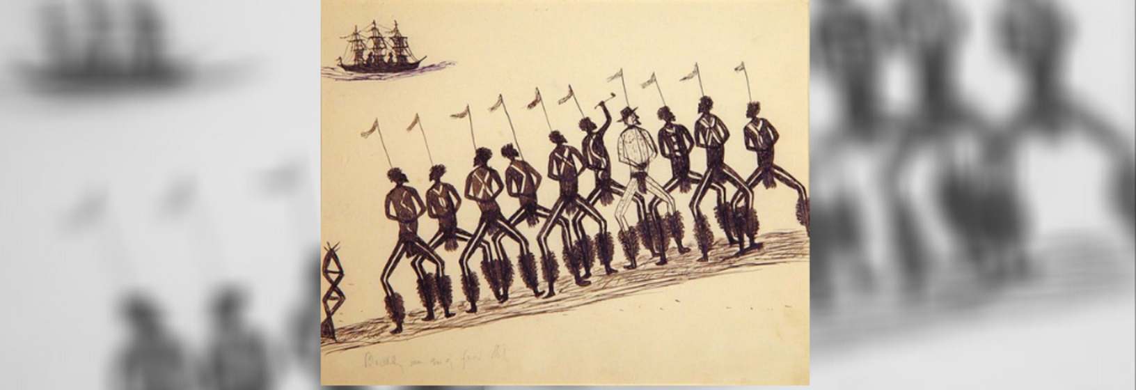 nine Aboriginal men in traditional dress stand in a row on a shore with a European man sharing traditional dress but with hat, as a sailing ship passes by