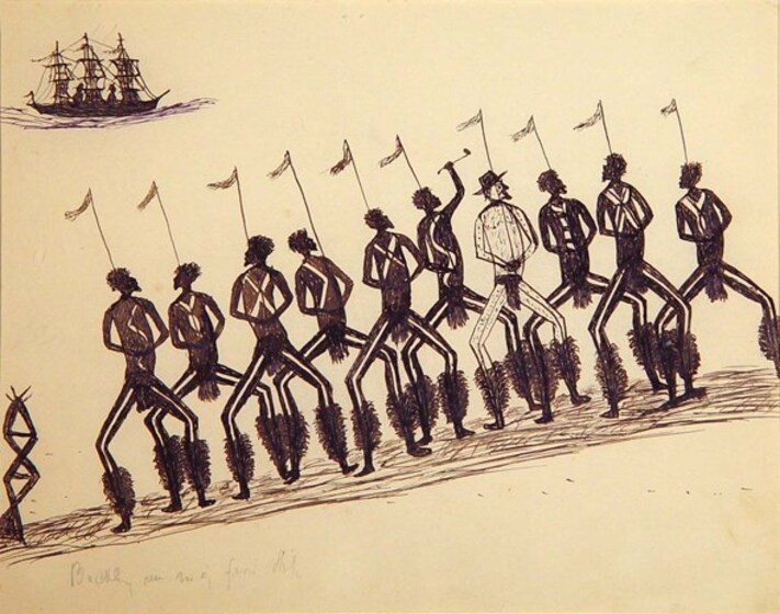 nine Aboriginal men in traditional dress stand in a row on a shore with a European man sharing traditional dress but with hat, as a sailing ship passes by