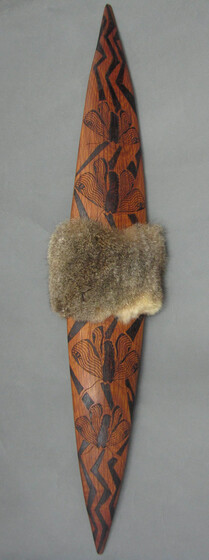 large, oblong shield with pointed tips - engraved with images of the bogong moth and waved lines, along with a central cover of possum fur