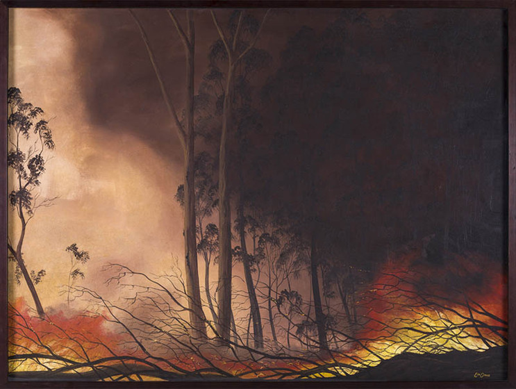 smoke-filled landscape of standing trees, with fire raging in silhouetted foreground