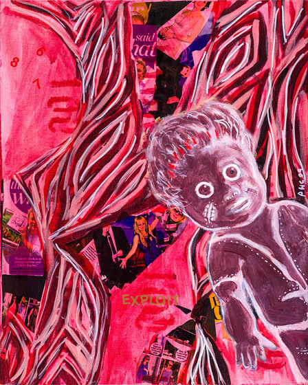 one of four panels, a small child-like figure leans into view with a dark red and purple abstract background
