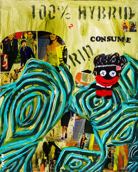 a toy figure emerges from a swirling green abstract foreground