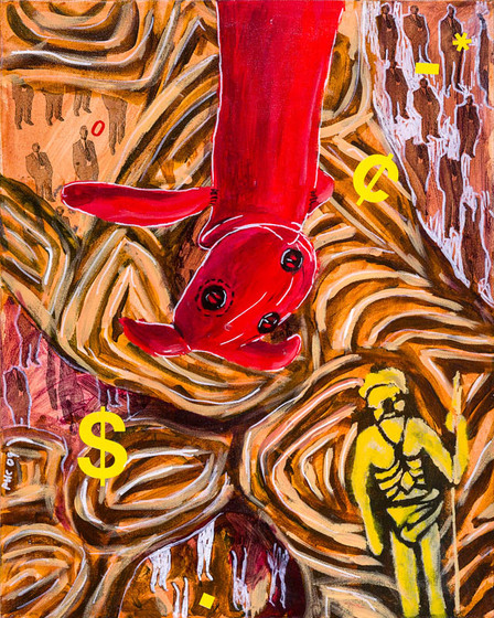 a red soft toy hangs above a swirling orange foreground