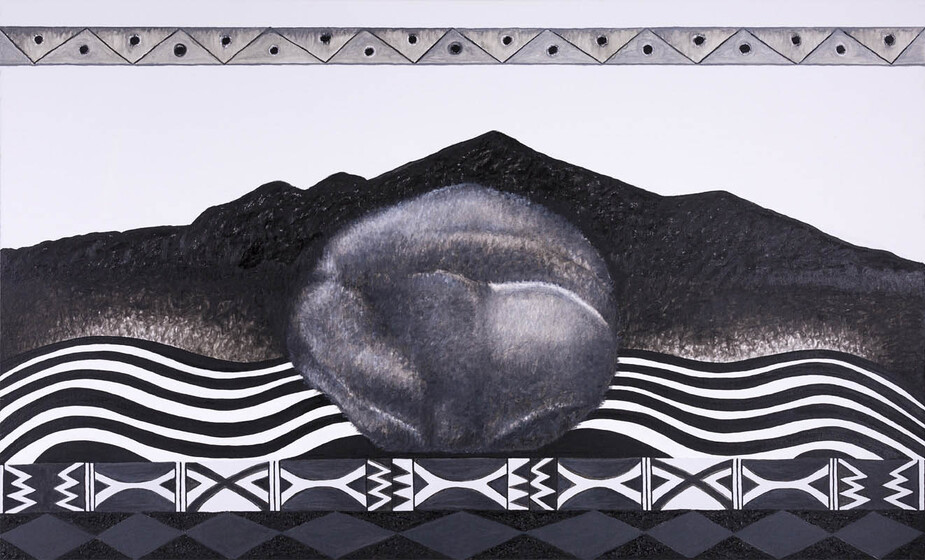 abstract rendition of mountainous range with large ball in centre foreground - bands of geometric design can be seen at top and bottom of image