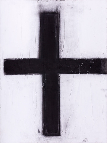 bold black cross fills the canvas with white background
