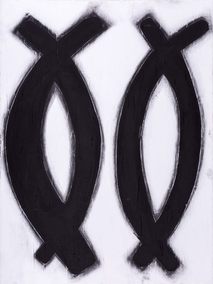 bold, black abstract boomerang shapes, repeated twice and in two vertical rows